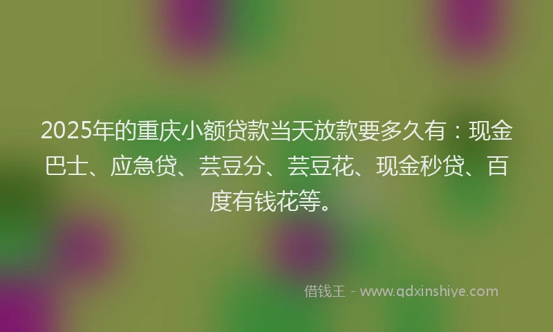 2025年的重庆小额贷款当天放款要多久有：现金巴士、应急贷、芸豆分、芸豆花、现金秒贷、百度有钱花等。