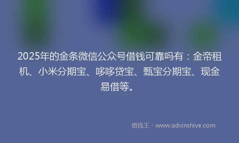2025年的金条微信公众号借钱可靠吗有：金帝租机、小米分期宝、哆哆贷宝、甄宝分期宝、现金易借等。