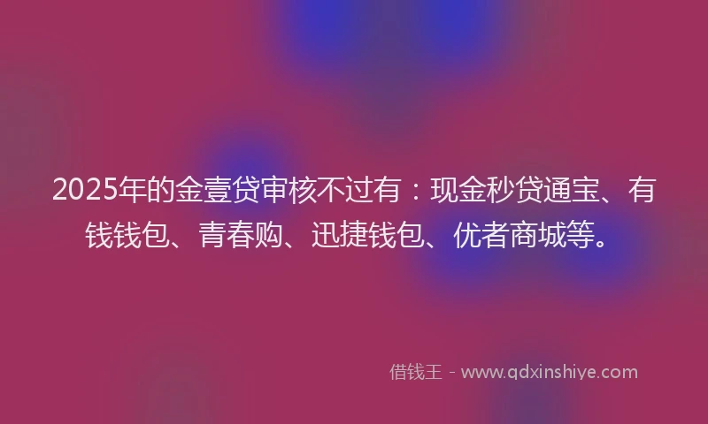 2025年的金壹贷审核不过有：现金秒贷通宝、有钱钱包、青春购、迅捷钱包、优者商城等。