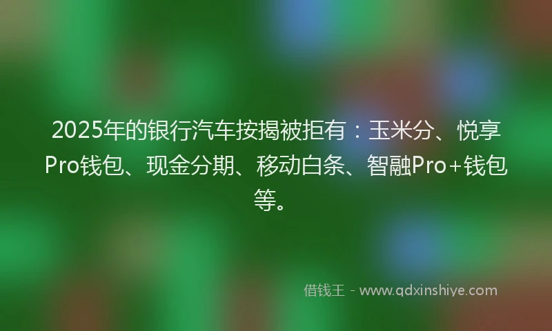2025年的银行汽车按揭被拒有：玉米分、悦享Pro钱包、现金分期、移动白条、智融Pro+钱包等。