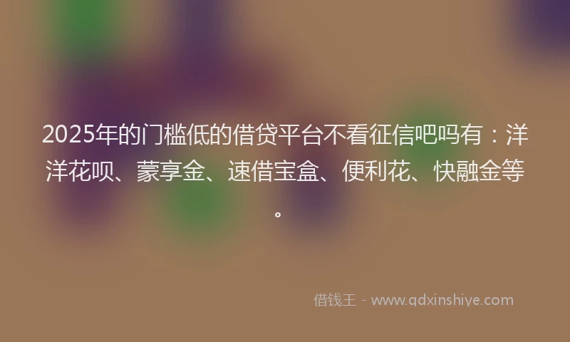 2025年的门槛低的借贷平台不看征信吧吗有：洋洋花呗、蒙享金、速借宝盒、便利花、快融金等。