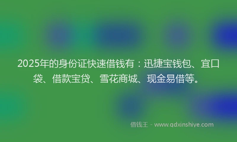 2025年的身份证快速借钱有：迅捷宝钱包、宜口袋、借款宝贷、雪花商城、现金易借等。