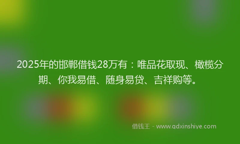 2025年的邯郸借钱28万有：唯品花取现、橄榄分期、你我易借、随身易贷、吉祥购等。