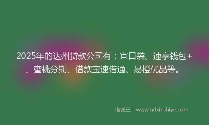 2025年的达州贷款公司有：宜口袋、速享钱包+、蜜桃分期、借款宝速借通、易橙优品等。