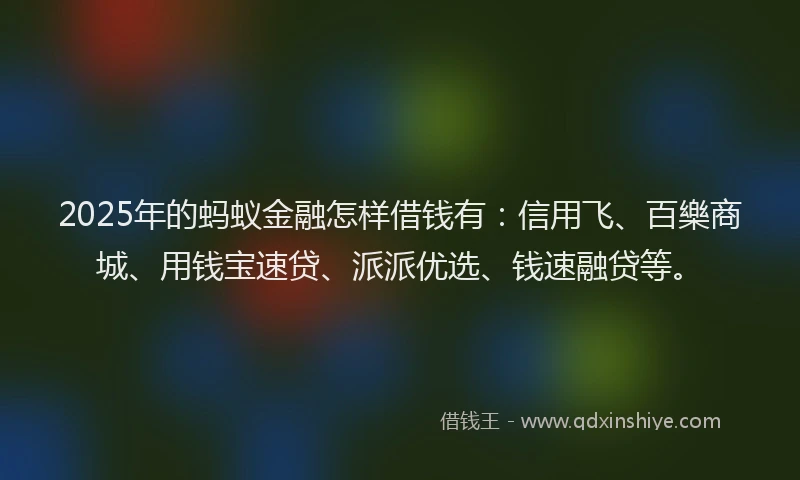 2025年的蚂蚁金融怎样借钱有：信用飞、百樂商城、用钱宝速贷、派派优选、钱速融贷等。