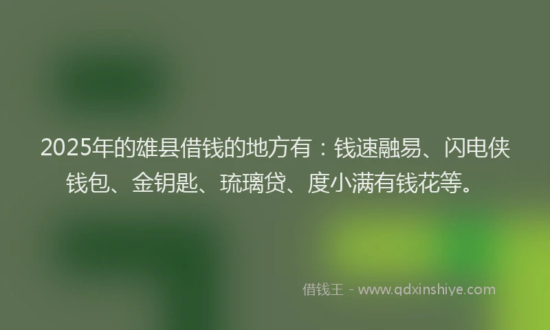2025年的雄县借钱的地方有:钱速融易、闪电侠钱包、金钥匙、琉璃贷、度小满有钱花等。