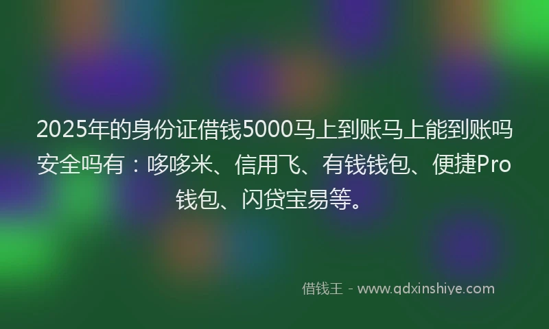 2025年的身份证借钱5000马上到账马上能到账吗安全吗有：哆哆米、信用飞、有钱钱包、便捷Pro钱包、闪贷宝易等。