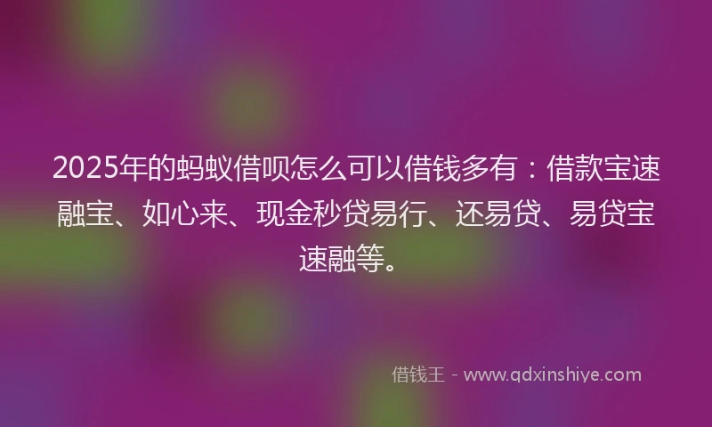 2025年的蚂蚁借呗怎么可以借钱多有:借款宝速融宝、如心来、现金秒贷易行、还易贷、易贷宝速融等。