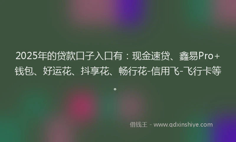 2025年的贷款口子入口有:现金速贷、鑫易Pro+钱包、好运花、抖享花、畅行花-信用飞-飞行卡等。