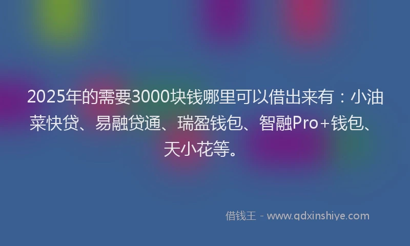 2025年的需要3000块钱哪里可以借出来有：小油菜快贷、易融贷通、瑞盈钱包、智融Pro+钱包、天小花等。