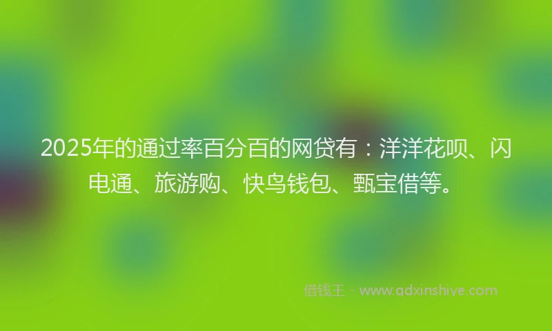 2025年的通过率百分百的网贷有：洋洋花呗、闪电通、旅游购、快鸟钱包、甄宝借等。