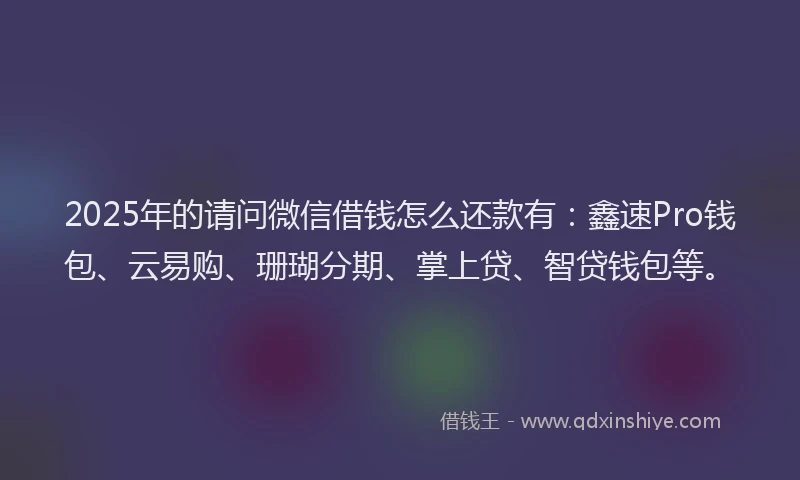 2025年的请问微信借钱怎么还款有：鑫速Pro钱包、云易购、珊瑚分期、掌上贷、智贷钱包等。