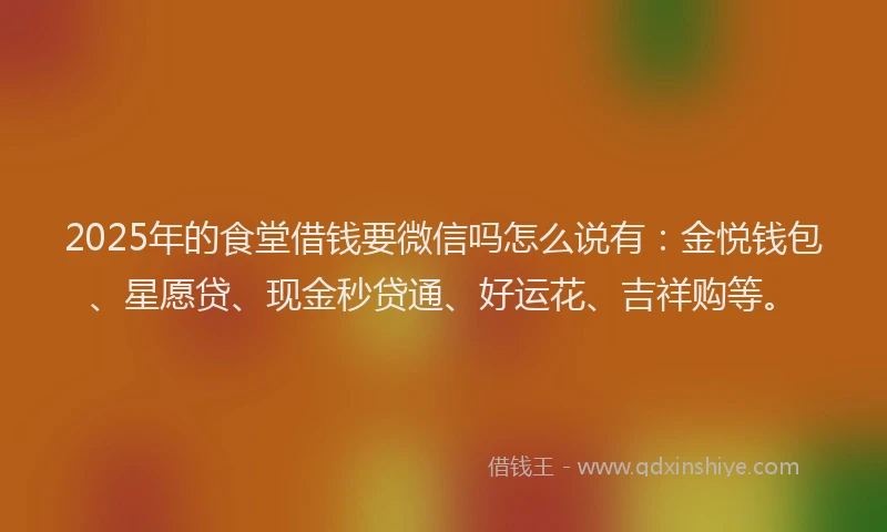 2025年的食堂借钱要微信吗怎么说有：金悦钱包、星愿贷、现金秒贷通、好运花、吉祥购等。