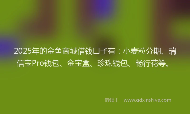 2025年的金鱼商城借钱口子有:小麦粒分期、瑞信宝Pro钱包、金宝盒、珍珠钱包、畅行花等。