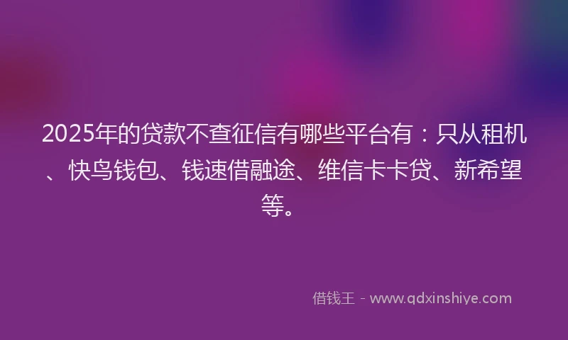 2025年的贷款不查征信有哪些平台有:只从租机、快鸟钱包、钱速借融途、维信卡卡贷、新希望等。