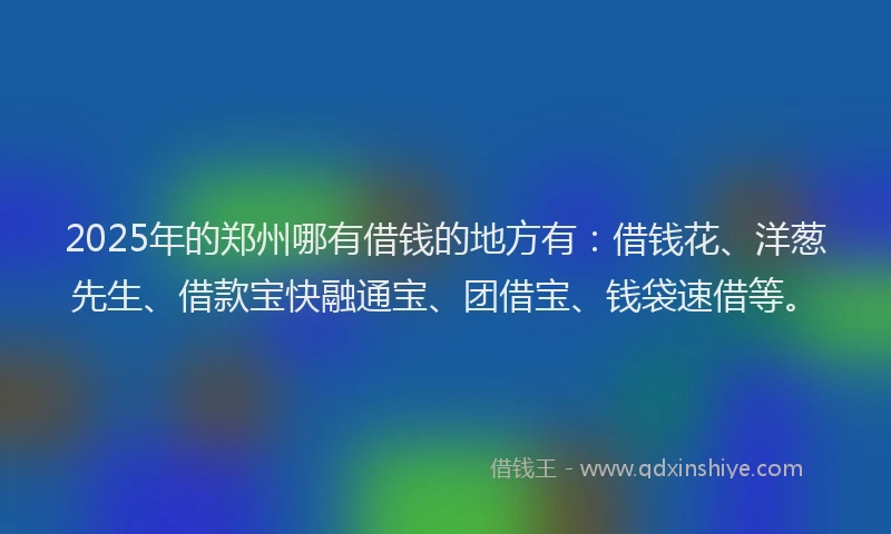2025年的郑州哪有借钱的地方有:借钱花、洋葱先生、借款宝快融通宝、团借宝、钱袋速借等。
