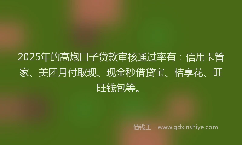 2025年的高炮口子贷款审核通过率有：信用卡管家、美团月付取现、现金秒借贷宝、桔享花、旺旺钱包等。