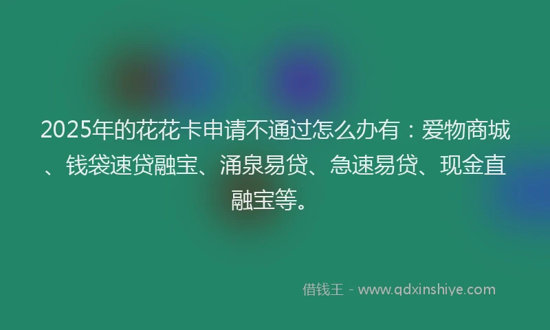 2025年的花花卡申请不通过怎么办有：爱物商城、钱袋速贷融宝、涌泉易贷、急速易贷、现金直融宝等。