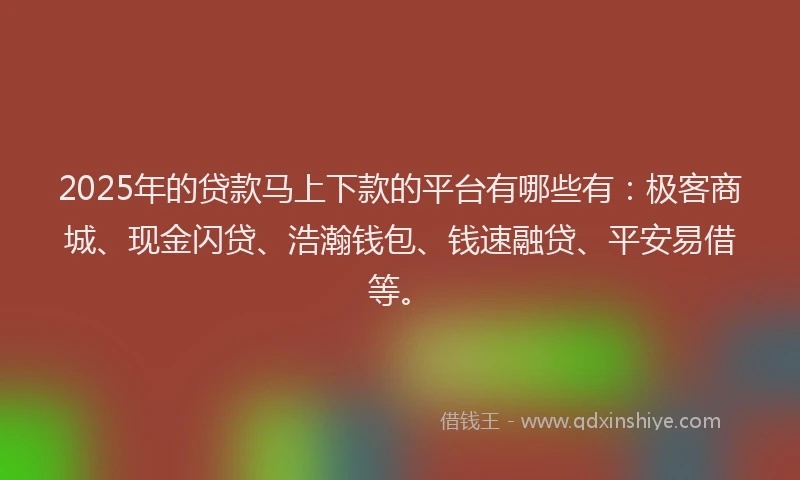 2025年的贷款马上下款的平台有哪些有：极客商城、现金闪贷、浩瀚钱包、钱速融贷、平安易借等。