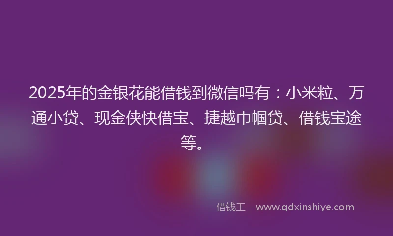 2025年的金银花能借钱到微信吗有:小米粒、万通小贷、现金侠快借宝、捷越巾帼贷、借钱宝途等。