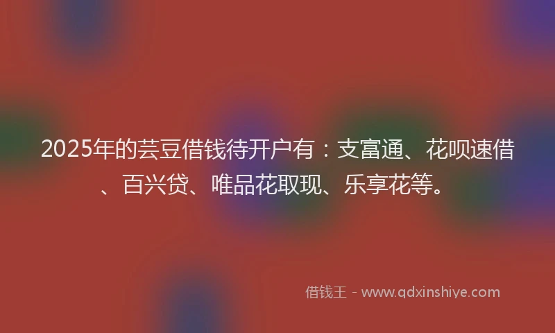 2025年的芸豆借钱待开户有：支富通、花呗速借、百兴贷、唯品花取现、乐享花等。
