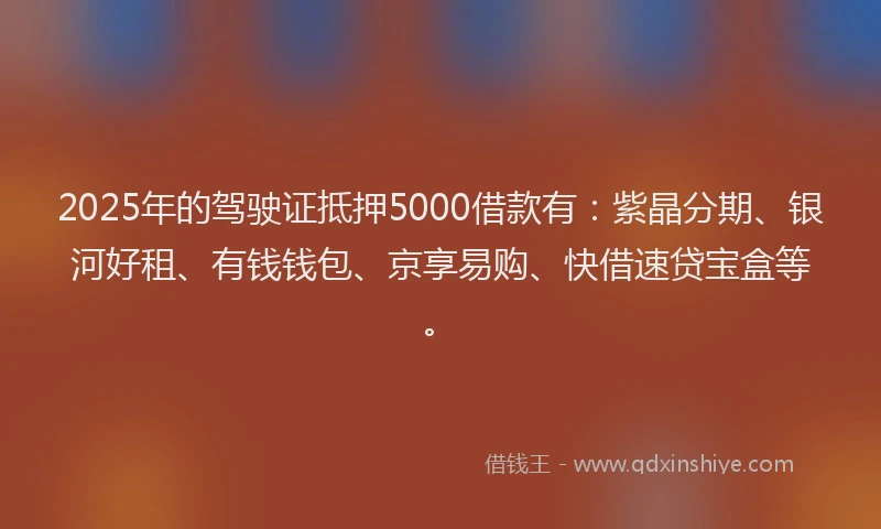 2025年的驾驶证抵押5000借款有:紫晶分期、银河好租、有钱钱包、京享易购、快借速贷宝盒等。
