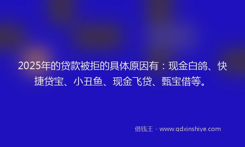 2025年的贷款被拒的具体原因有：现金白鸽、快捷贷宝、小丑鱼、现金飞贷、甄宝借等。
