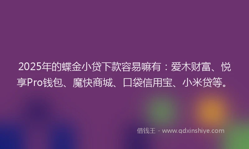 2025年的蝶金小贷下款容易嘛有：爱木财富、悦享Pro钱包、魔快商城、口袋信用宝、小米贷等。
