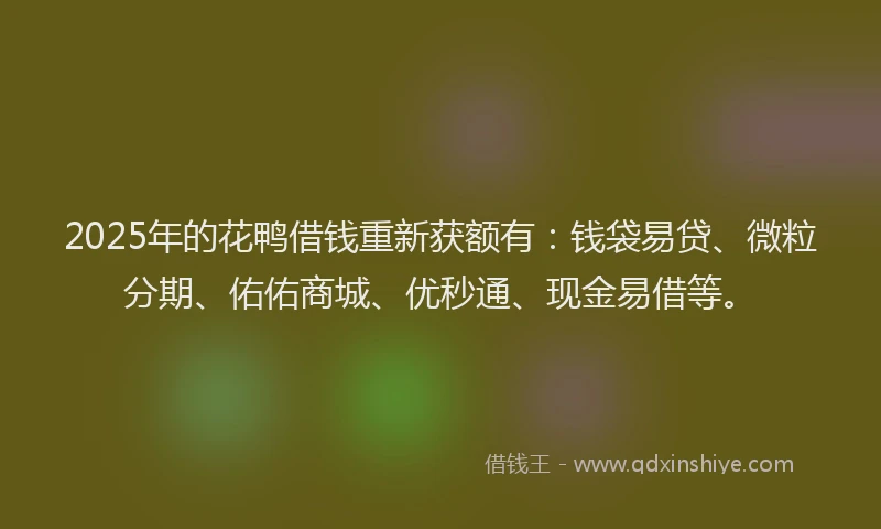 2025年的花鸭借钱重新获额有：钱袋易贷、微粒分期、佑佑商城、优秒通、现金易借等。