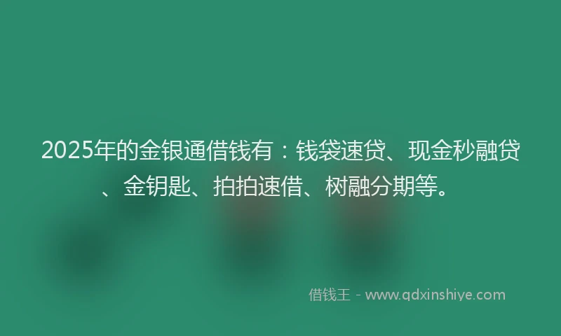 2025年的金银通借钱有:钱袋速贷、现金秒融贷、金钥匙、拍拍速借、树融分期等。