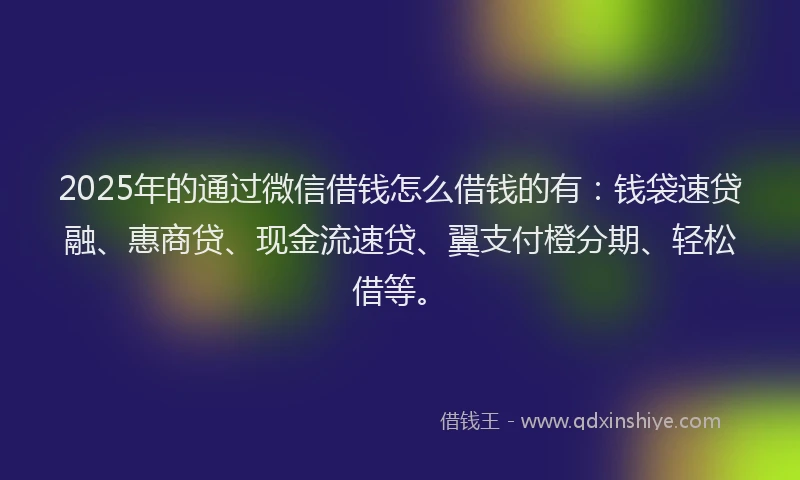 2025年的通过微信借钱怎么借钱的有:钱袋速贷融、惠商贷、现金流速贷、翼支付橙分期、轻松借等。