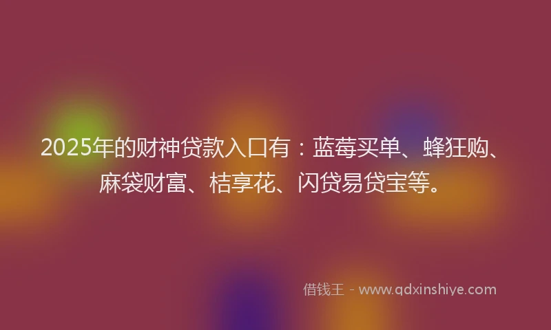 2025年的财神贷款入口有：蓝莓买单、蜂狂购、麻袋财富、桔享花、闪贷易贷宝等。