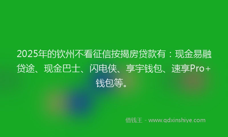 2025年的钦州不看征信按揭房贷款有：现金易融贷途、现金巴士、闪电侠、享宇钱包、速享Pro+钱包等。