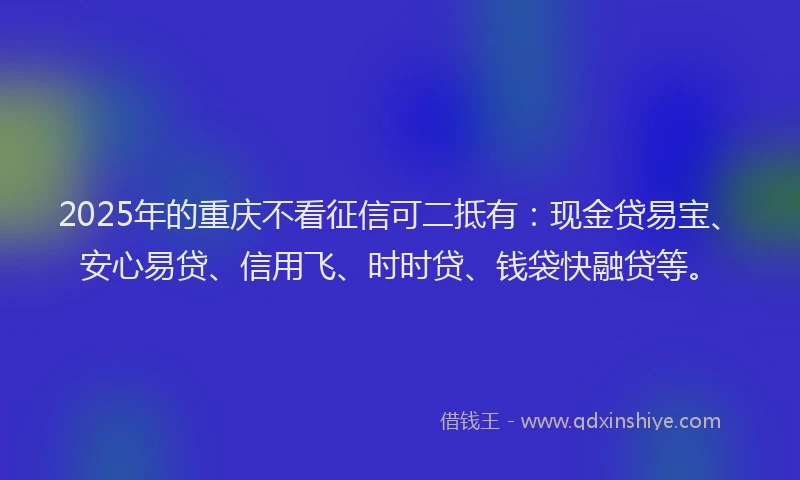2025年的重庆不看征信可二抵有：现金贷易宝、安心易贷、信用飞、时时贷、钱袋快融贷等。