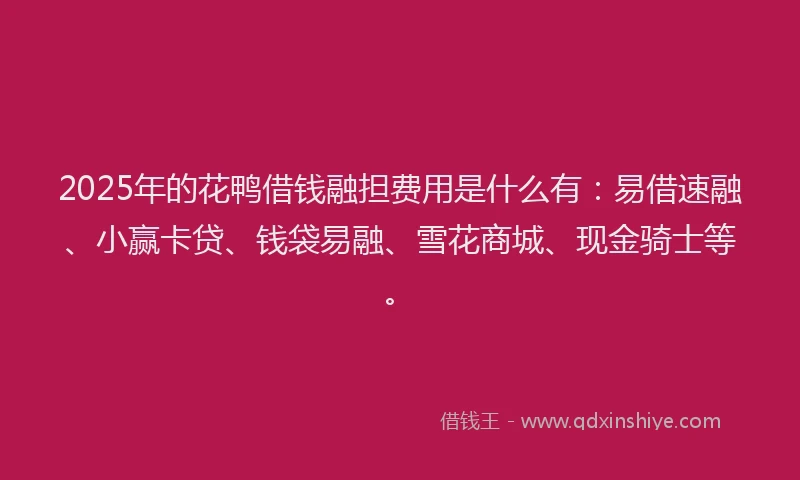 2025年的花鸭借钱融担费用是什么有：易借速融、小赢卡贷、钱袋易融、雪花商城、现金骑士等。