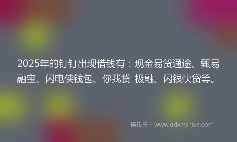 2025年的钉钉出现借钱有:现金易贷通途、甄易融宝、闪电侠钱包、你我贷-极融、闪银快贷等。