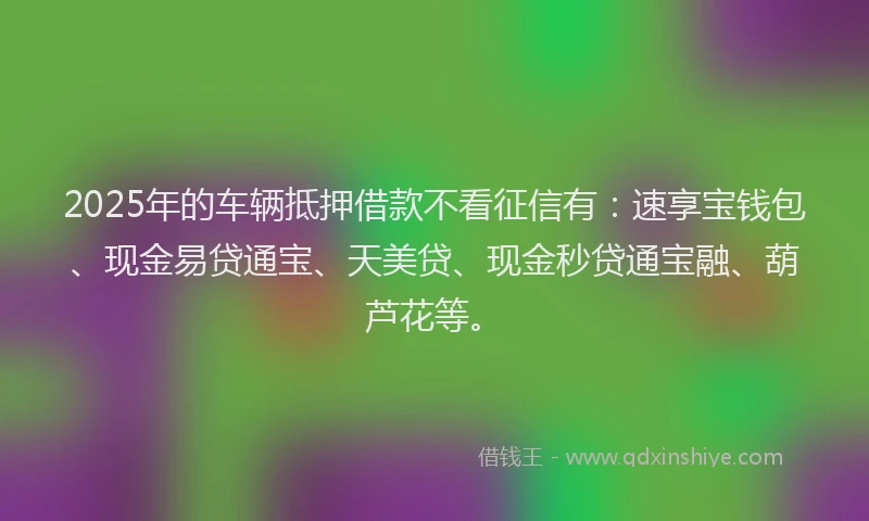 2025年的车辆抵押借款不看征信有:速享宝钱包、现金易贷通宝、天美贷、现金秒贷通宝融、葫芦花等。