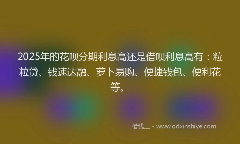 2025年的花呗分期利息高还是借呗利息高有：粒粒贷、钱速达融、萝卜易购、便捷钱包、便利花等。