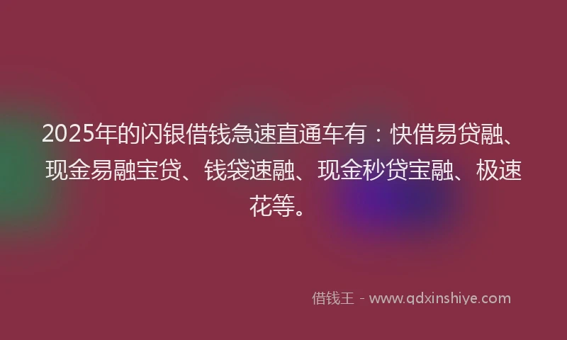 2025年的闪银借钱急速直通车有:快借易贷融、现金易融宝贷、钱袋速融、现金秒贷宝融、极速花等。