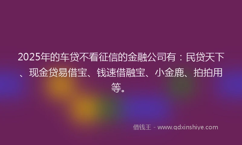 2025年的车贷不看征信的金融公司有：民贷天下、现金贷易借宝、钱速借融宝、小金鹿、拍拍用等。