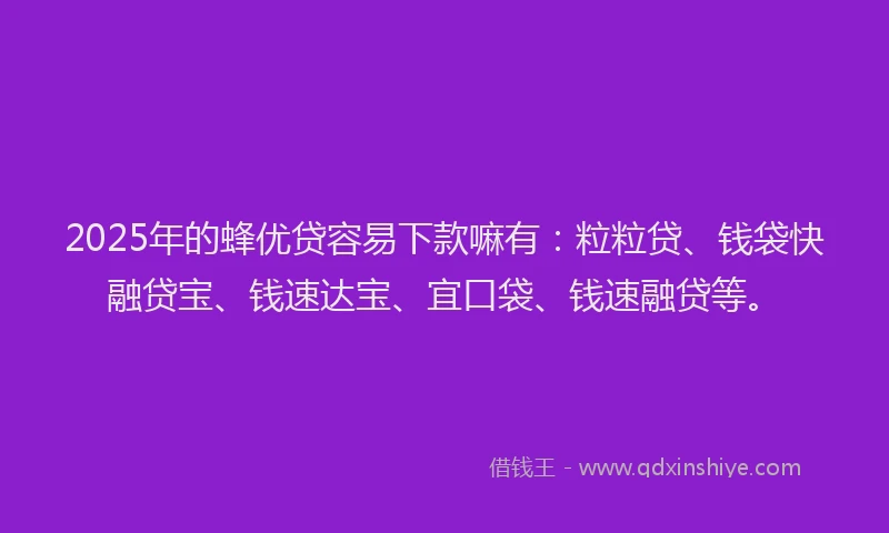 2025年的蜂优贷容易下款嘛有：粒粒贷、钱袋快融贷宝、钱速达宝、宜口袋、钱速融贷等。