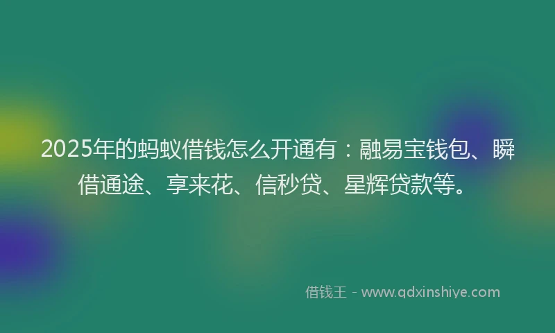 2025年的蚂蚁借钱怎么开通有：融易宝钱包、瞬借通途、享来花、信秒贷、星辉贷款等。