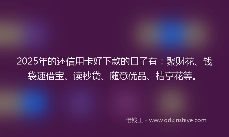 2025年的还信用卡好下款的口子有:聚财花、钱袋速借宝、读秒贷、随意优品、桔享花等。