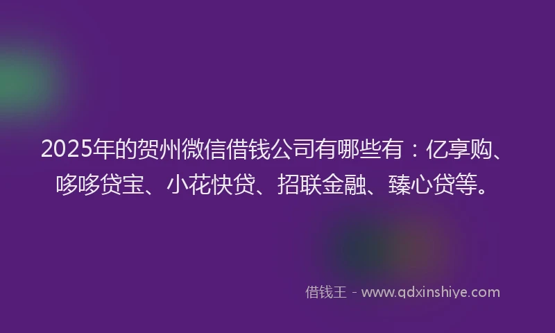 2025年的贺州微信借钱公司有哪些有:亿享购、哆哆贷宝、小花快贷、招联金融、臻心贷等。