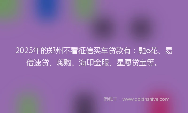 2025年的郑州不看征信买车贷款有:融e花、易借速贷、嗨购、海印金服、星愿贷宝等。