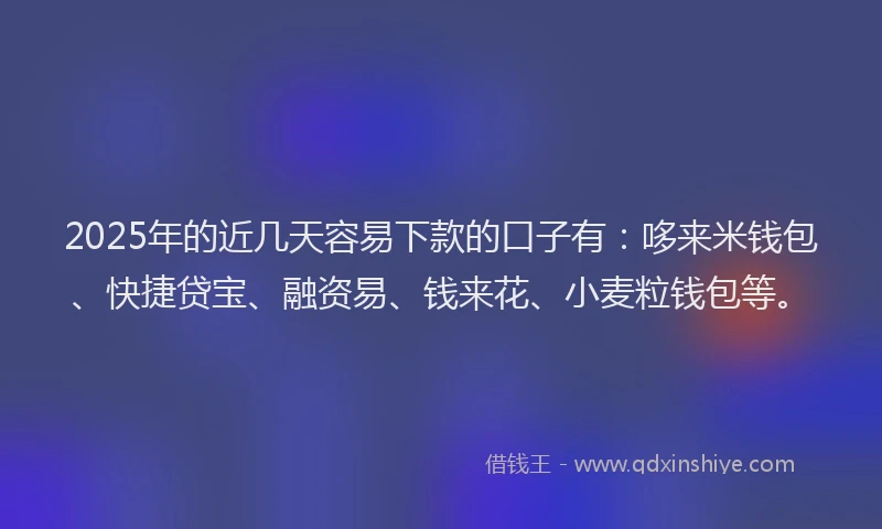 2025年的近几天容易下款的口子有:哆来米钱包、快捷贷宝、融资易、钱来花、小麦粒钱包等。