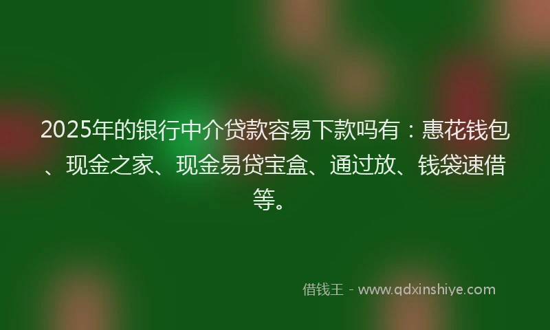2025年的银行中介贷款容易下款吗有:惠花钱包、现金之家、现金易贷宝盒、通过放、钱袋速借等。
