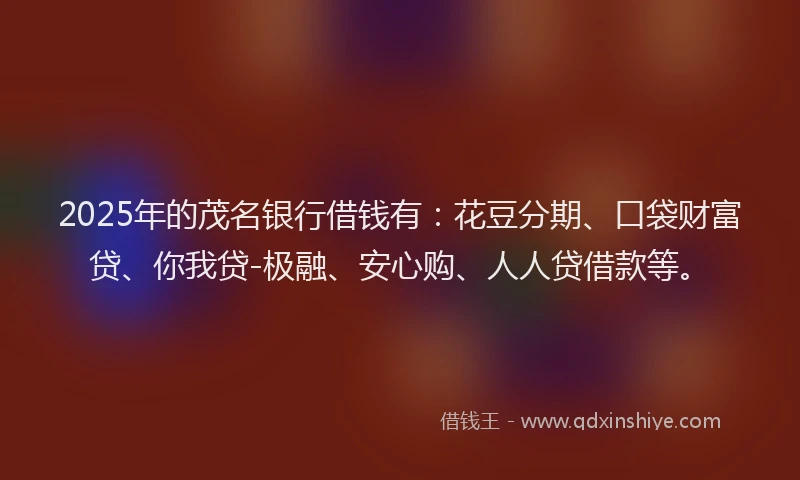 2025年的茂名银行借钱有：花豆分期、口袋财富贷、你我贷-极融、安心购、人人贷借款等。