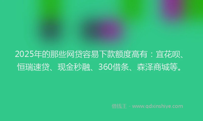 2025年的那些网贷容易下款额度高有:宜花呗、恒瑞速贷、现金秒融、360借条、森泽商城等。