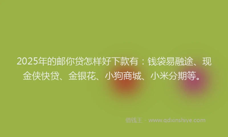 2025年的邮你贷怎样好下款有:钱袋易融途、现金侠快贷、金银花、小狗商城、小米分期等。